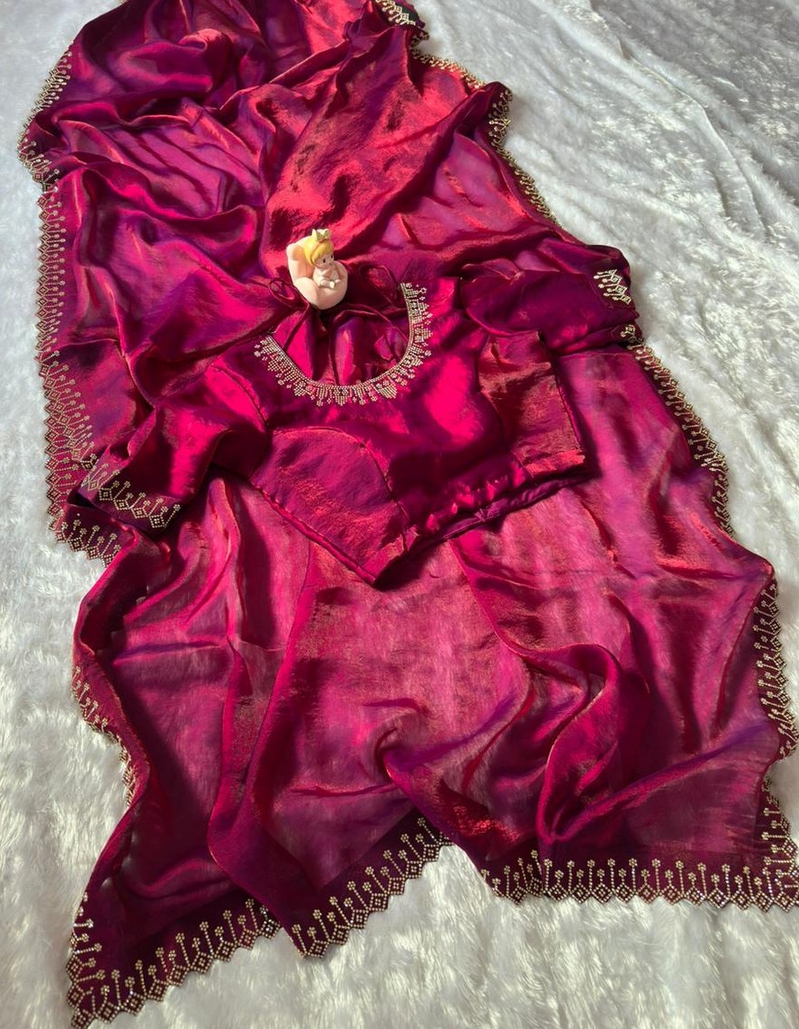 Designer Wine Silk Saree with Elegant Diamond Finish