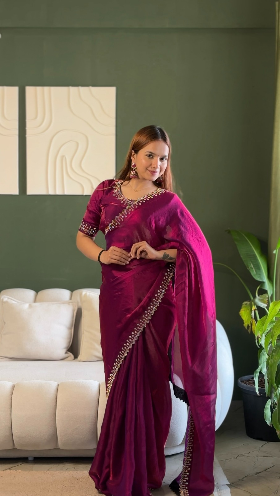 Designer Wine Silk Saree with Elegant Diamond Finish