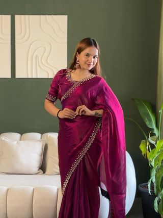 Designer Wine Silk Saree with Elegant Diamond Finish