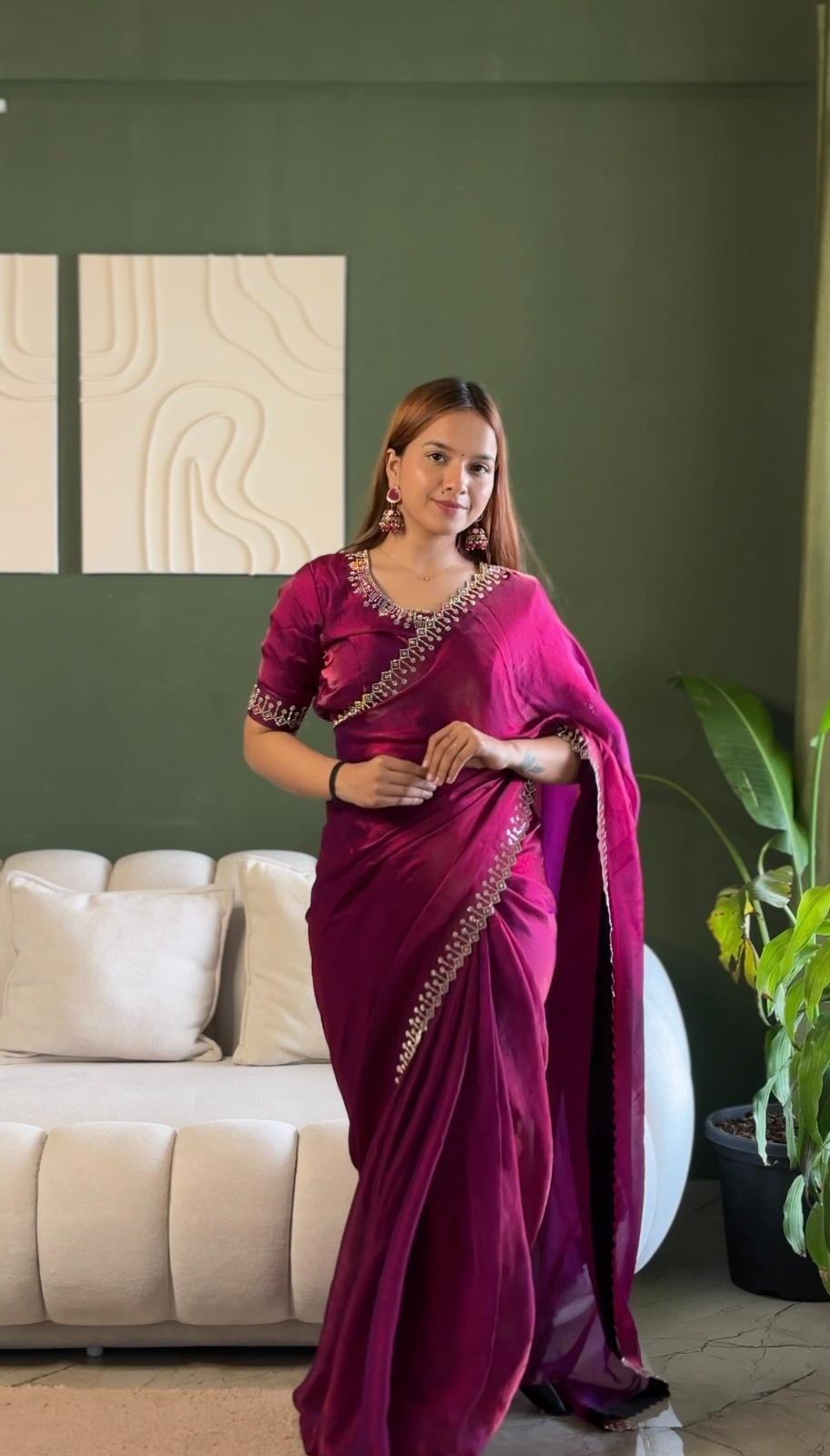 Designer Wine Silk Saree with Elegant Diamond Finish