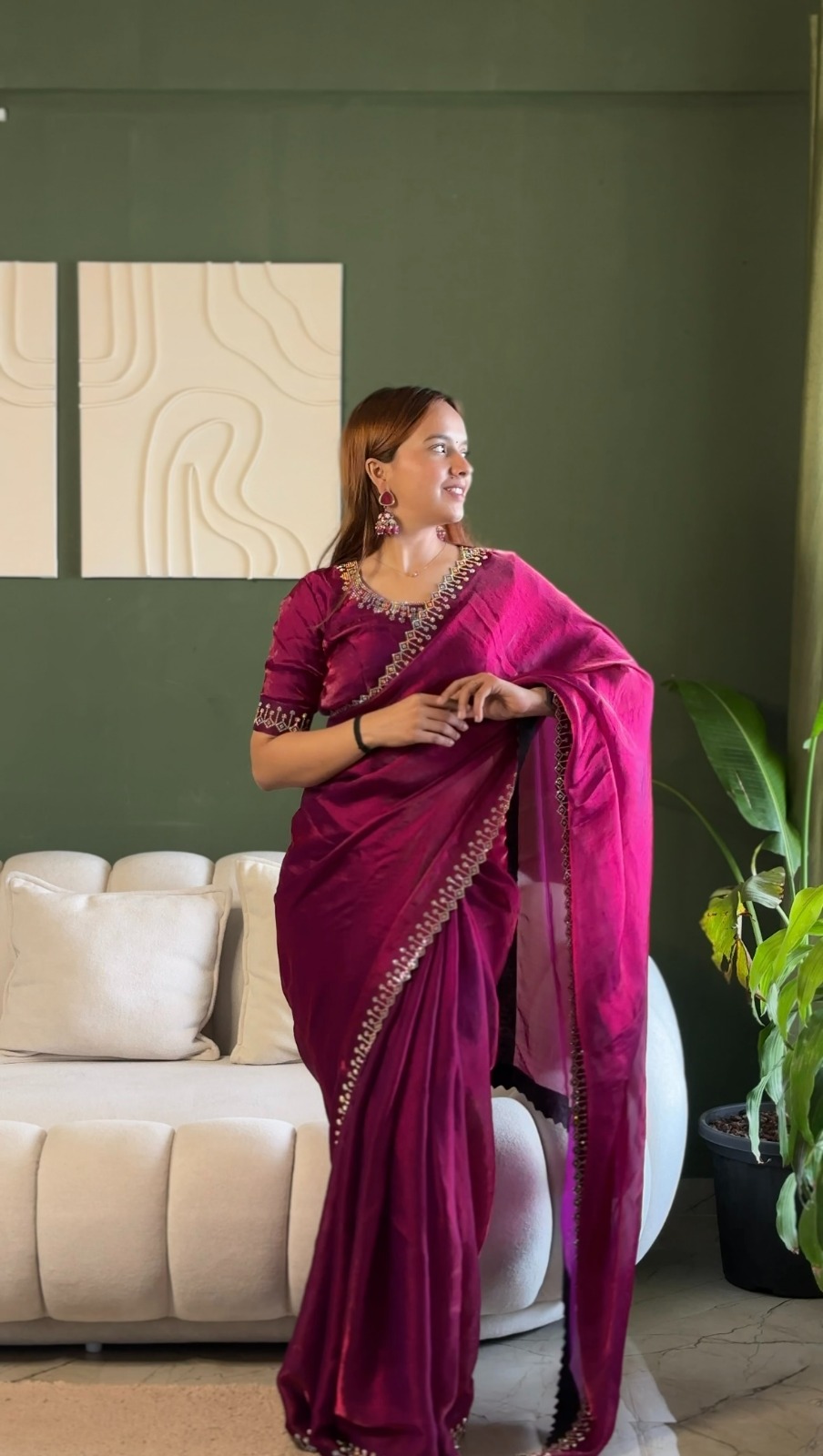 Designer Wine Silk Saree with Elegant Diamond Finish