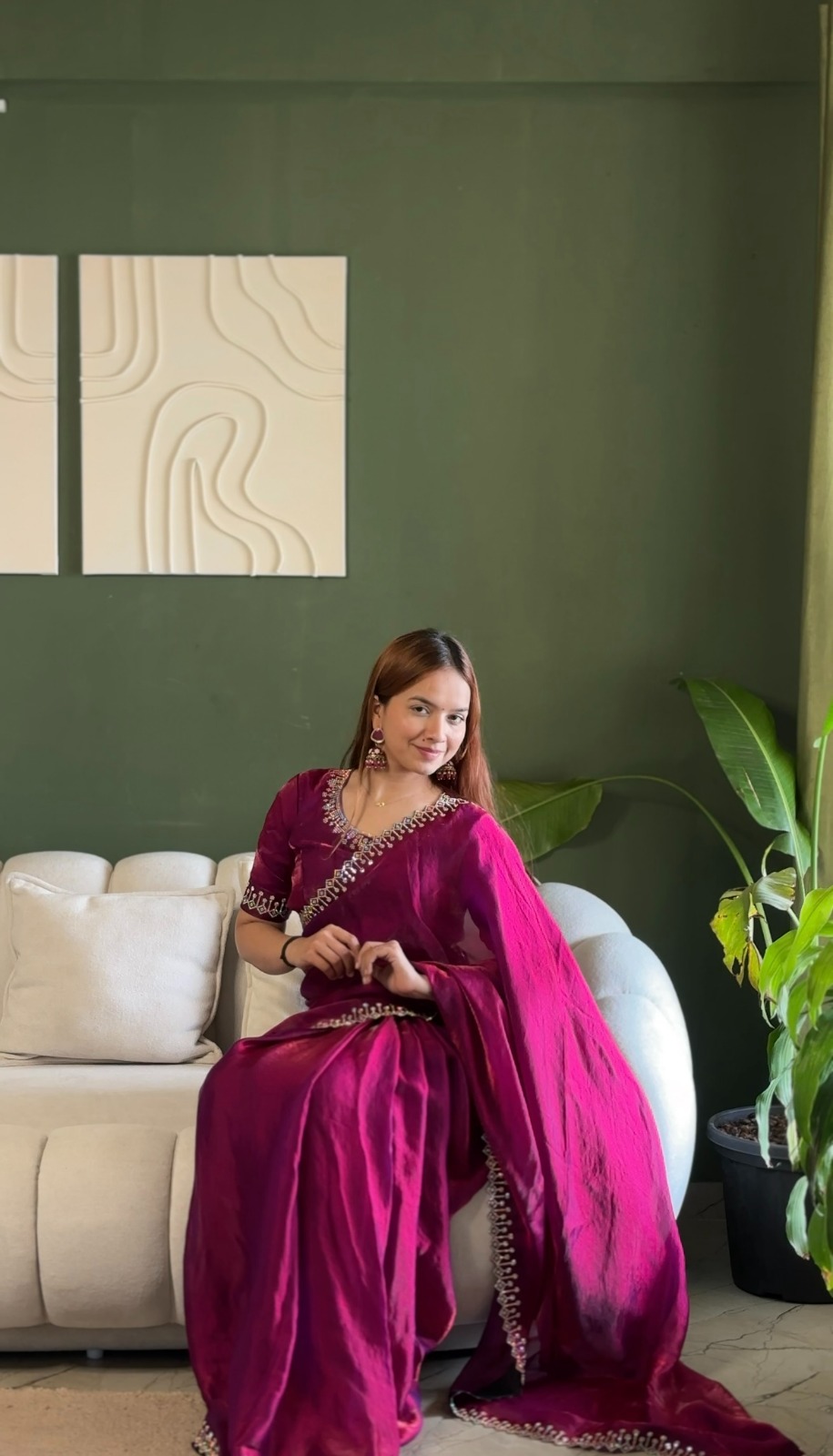 Designer Wine Silk Saree with Elegant Diamond Finish