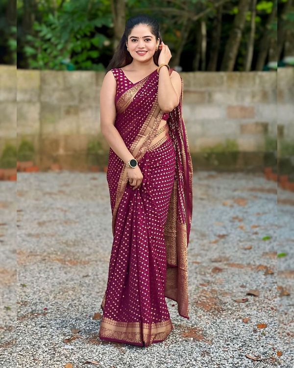 Maroon Lichi Silk Jacquard Saree with Rich Pallu