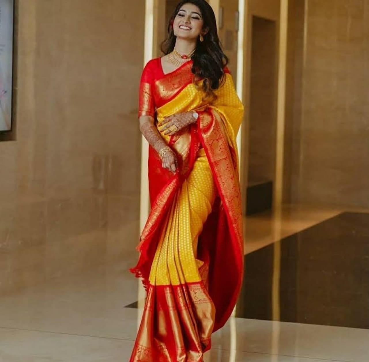 Red Yellow Soft Lichi Silk Saree with Rich Pallu & Jacquard Border