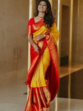 Red Yellow Soft Lichi Silk Saree with Rich Pallu & Jacquard Border