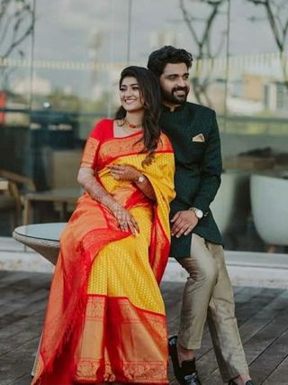 Red Yellow Soft Lichi Silk Saree with Rich Pallu & Jacquard Border