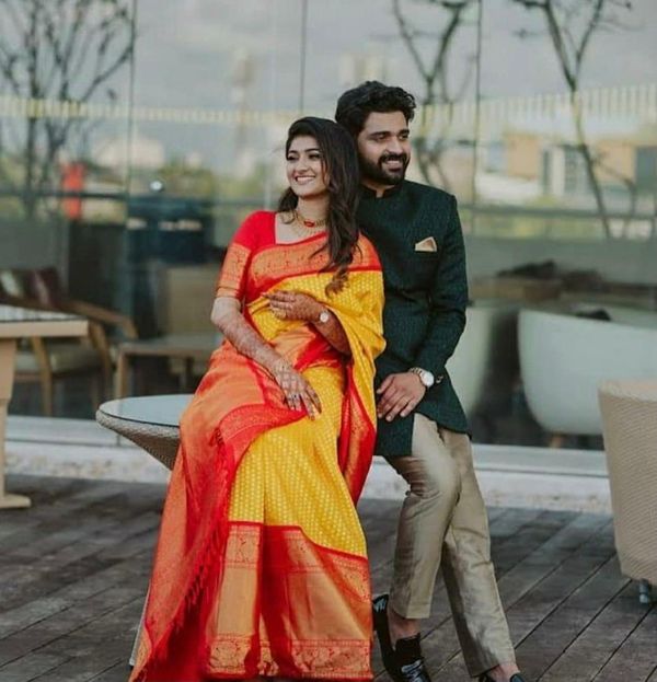 Red Yellow Soft Lichi Silk Saree with Rich Pallu & Jacquard Border