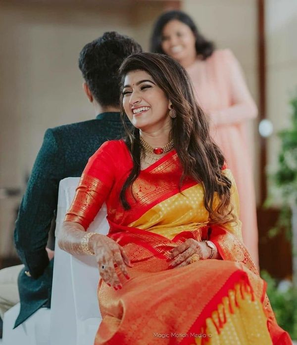 Red Yellow Soft Lichi Silk Saree with Rich Pallu & Jacquard Border