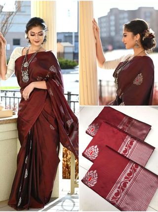Maroon Soft Lichi Silk Saree with Silver Zari & Jacquard Border