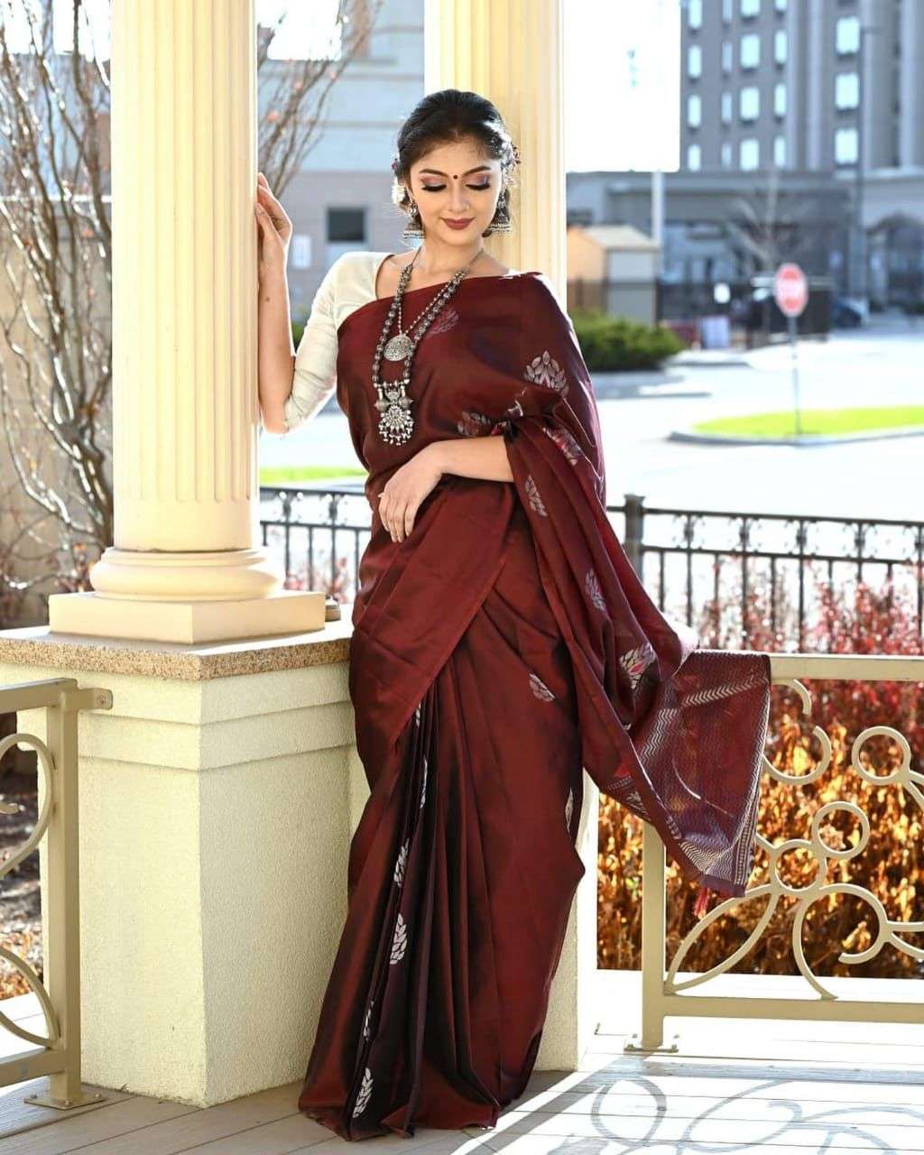 Maroon Soft Lichi Silk Saree with Silver Zari & Jacquard Border