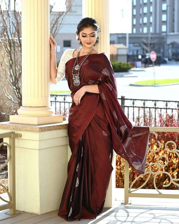 Maroon Soft Lichi Silk Saree with Silver Zari & Jacquard Border