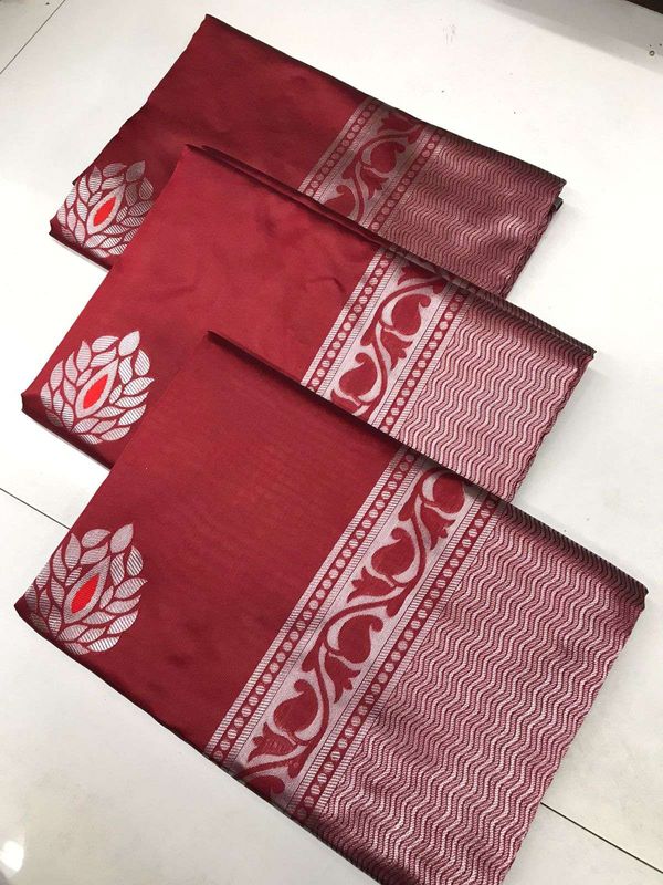Maroon Soft Lichi Silk Saree with Silver Zari & Jacquard Border