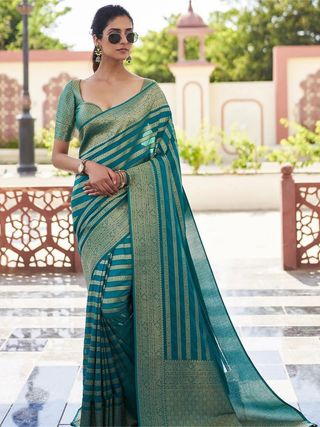 Teal Green Banarasi Soft Lichi Silk Saree with Zari Work