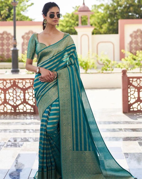 Teal Green Banarasi Soft Lichi Silk Saree with Zari Work