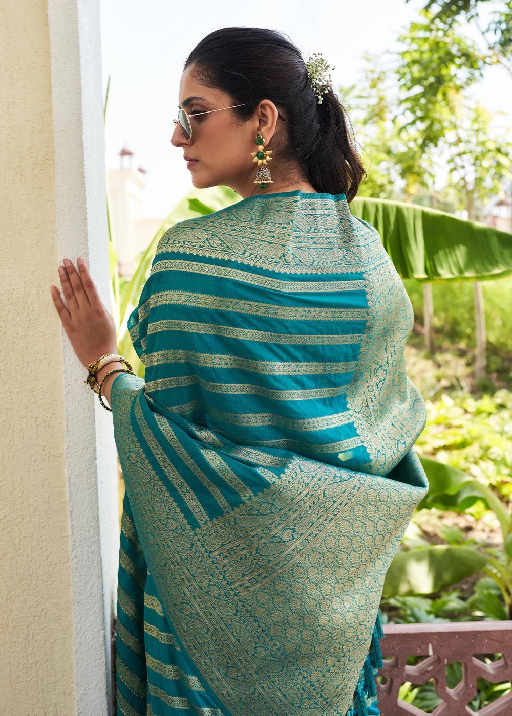 Teal Green Banarasi Soft Lichi Silk Saree with Zari Work