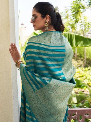 Teal Green Banarasi Soft Lichi Silk Saree with Zari Work
