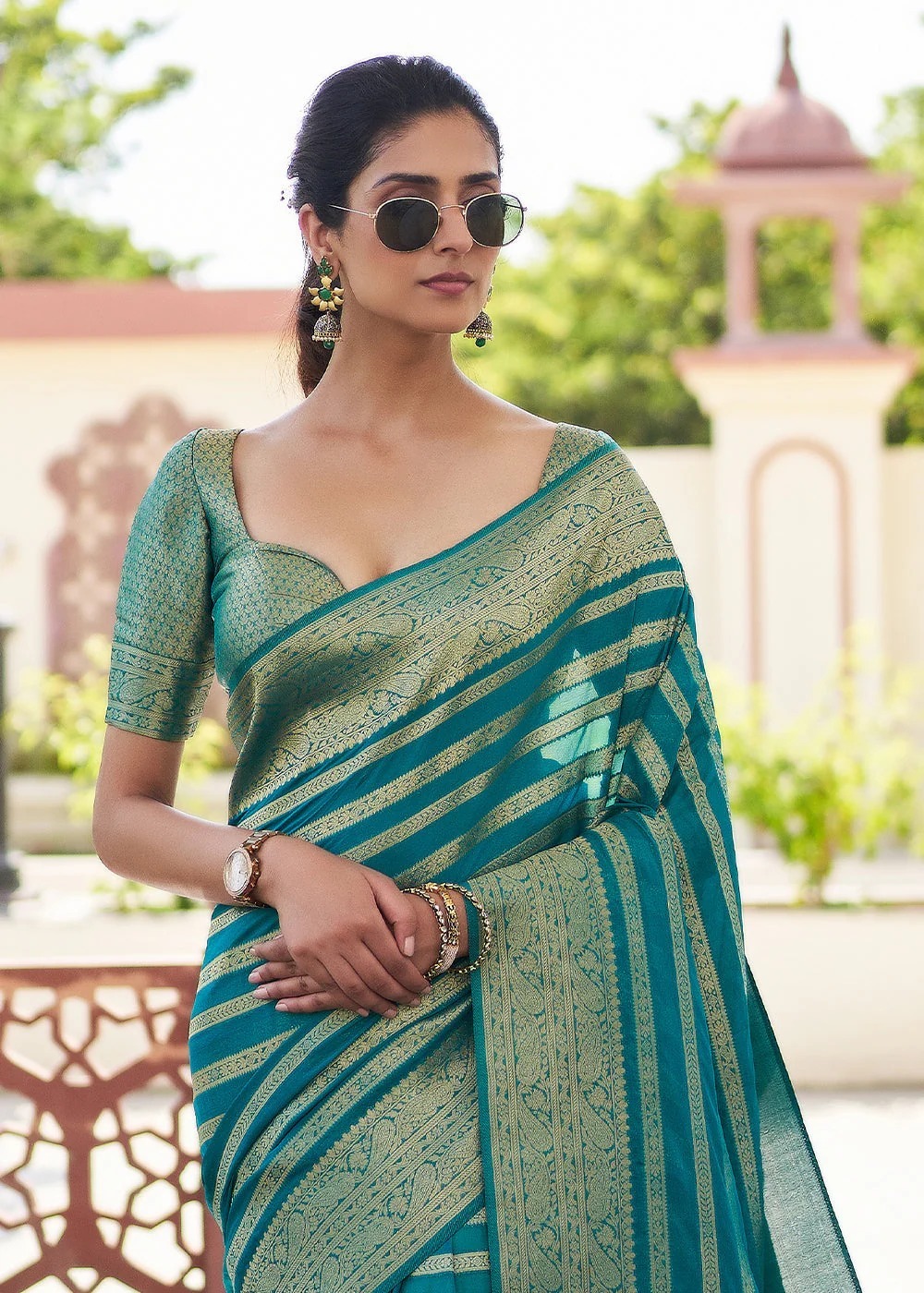 Teal Green Banarasi Soft Lichi Silk Saree with Zari Work