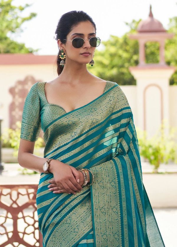 Teal Green Banarasi Soft Lichi Silk Saree with Zari Work