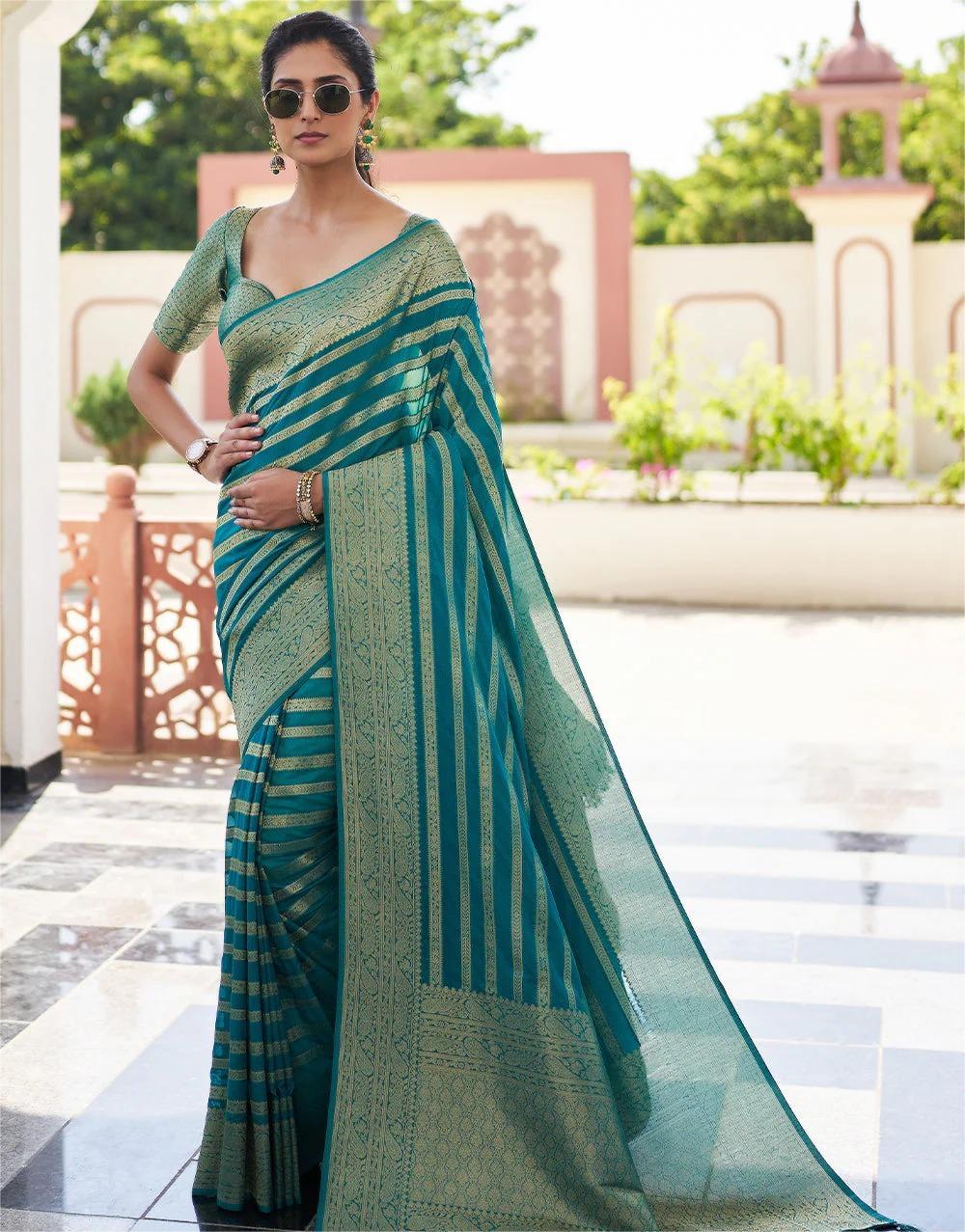 Teal Green Banarasi Soft Lichi Silk Saree with Zari Work