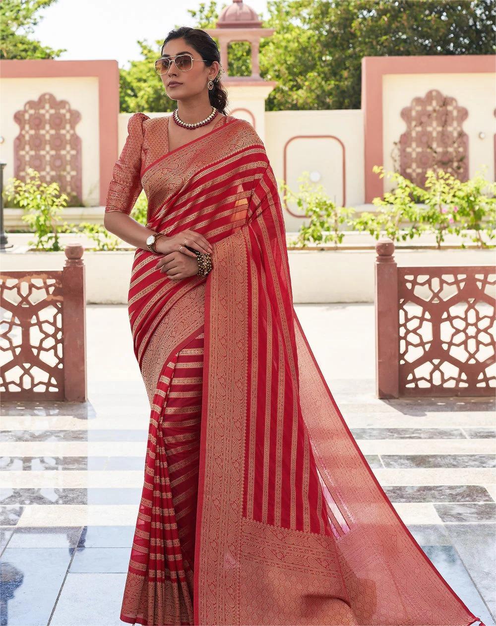 Red Zari Banarasi Lichi Silk Saree With Blouse Piece