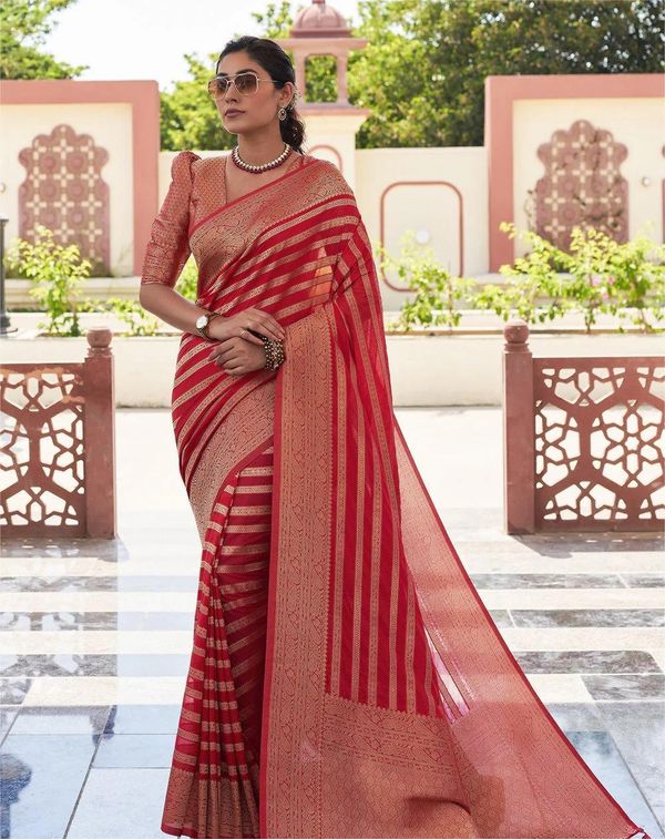 Red Zari Banarasi Lichi Silk Saree With Blouse Piece