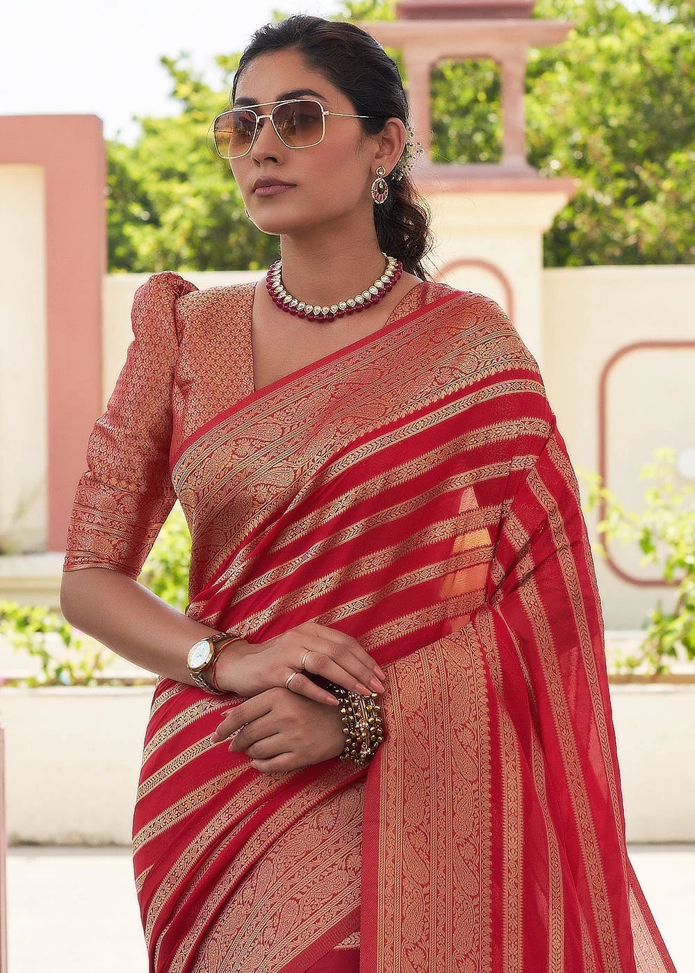 Red Zari Banarasi Lichi Silk Saree With Blouse Piece