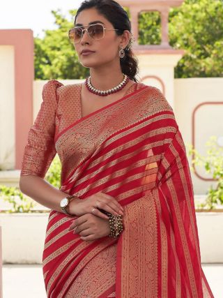 Red Zari Banarasi Lichi Silk Saree with Blouse Piece