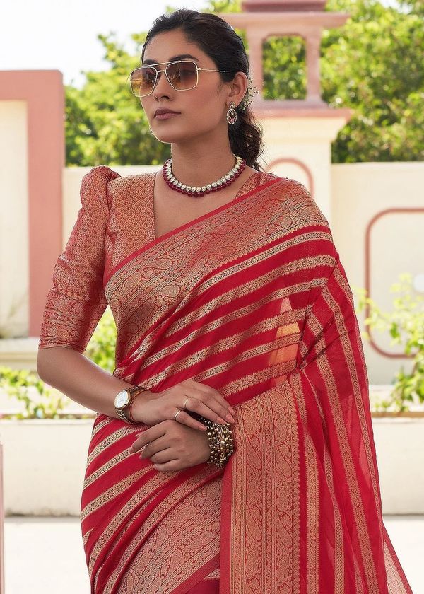 Red Zari Banarasi Lichi Silk Saree With Blouse Piece