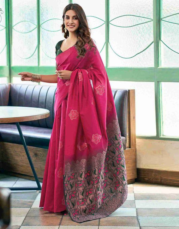 Rani Pink Lichi Silk Saree With Jacquard Border Pallu