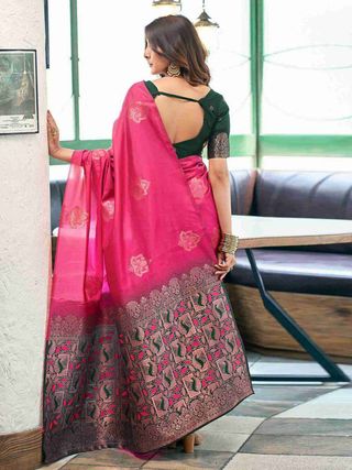 Rani Pink Lichi Silk Saree with Jacquard Border Pallu