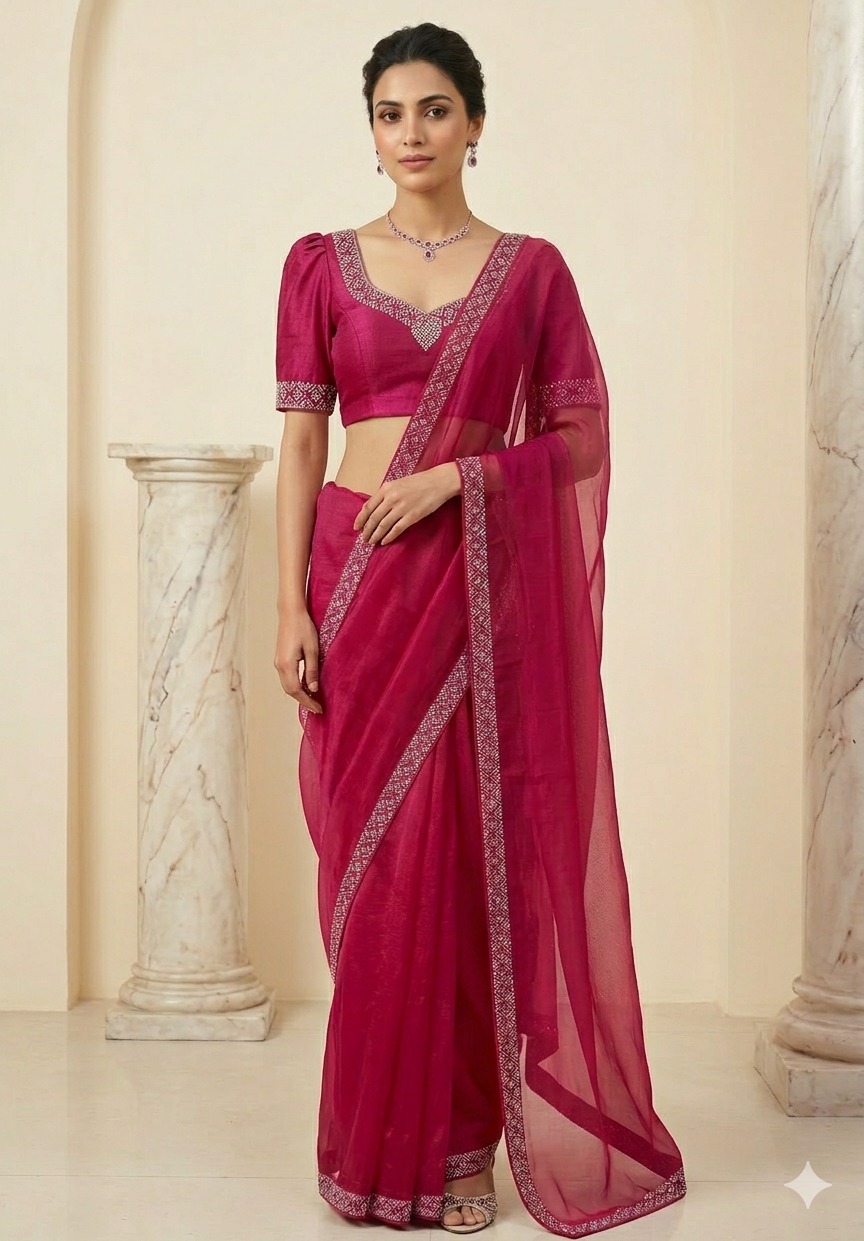 Graceful Ruby Red Saree with Zarkan Work Border Design