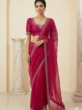 Graceful Ruby Red Saree with Zarkan Work Border Design