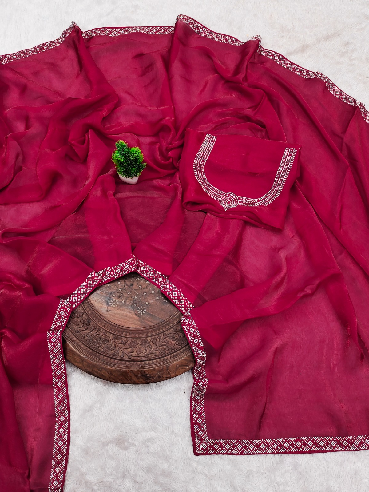 Graceful Ruby Red Saree with Zarkan Work Border Design