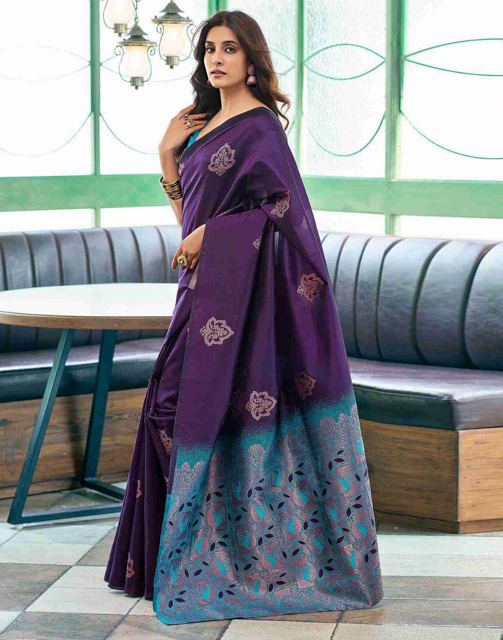 Purple Lichi Silk Saree With Teal Jacquard Border