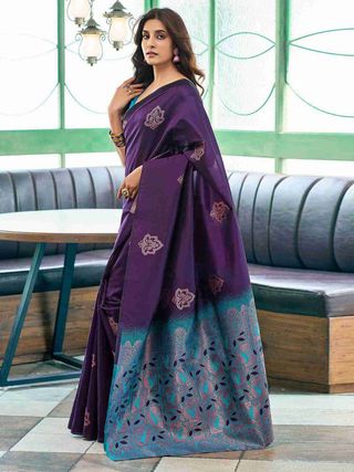 Purple Lichi Silk Saree With Teal Jacquard Border