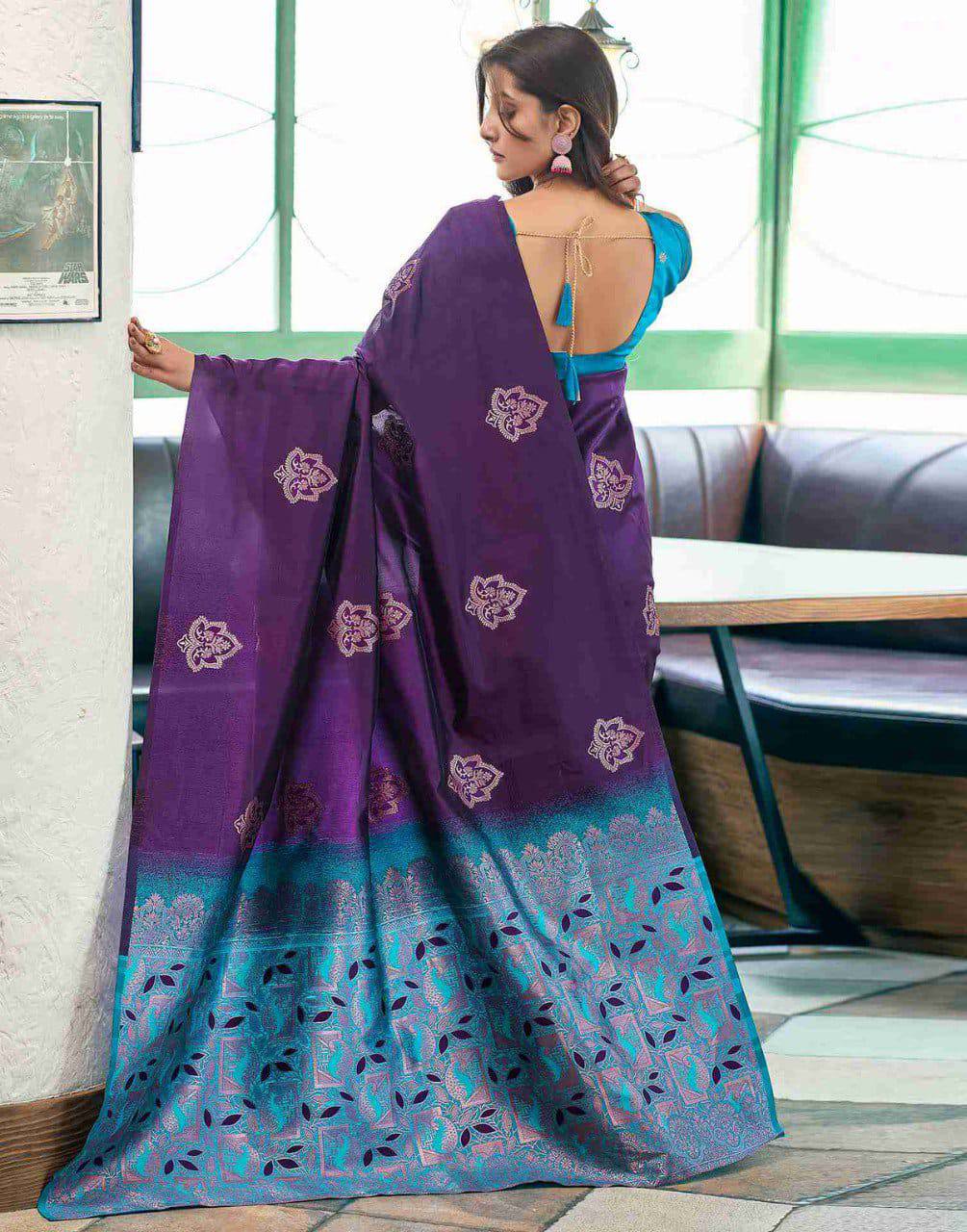 Purple Lichi Silk Saree With Teal Jacquard Border