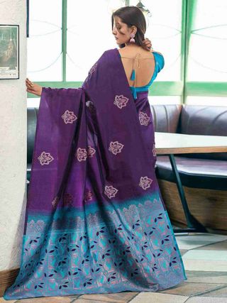 Purple Lichi Silk Saree with Teal Jacquard Border