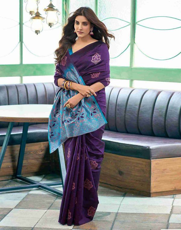 Purple Lichi Silk Saree With Teal Jacquard Border