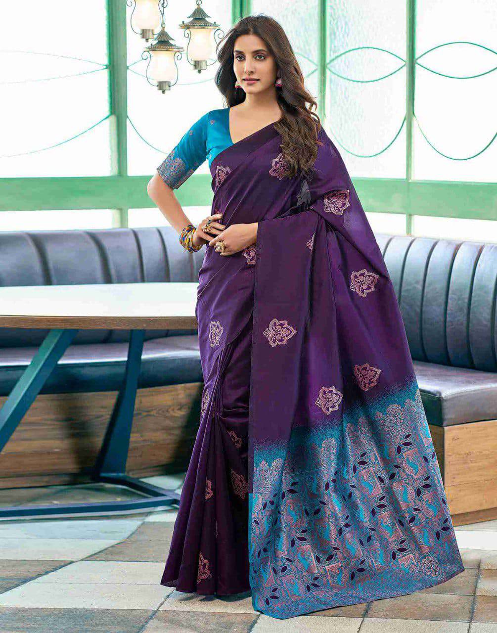 Purple Lichi Silk Saree With Teal Jacquard Border
