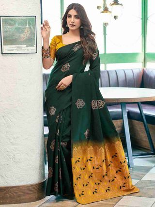 Bottle Green Lichi Silk Saree With Gold Jacquard Border