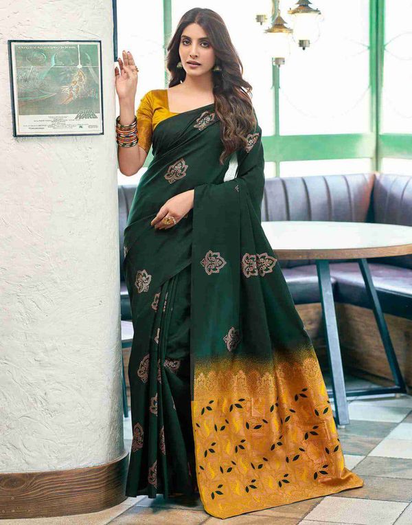 Bottle Green Lichi Silk Saree With Gold Jacquard Border