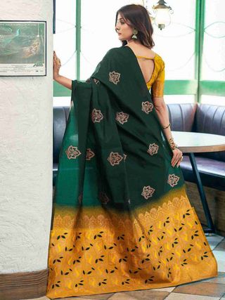 Bottle Green Lichi Silk Saree with Gold Jacquard Border