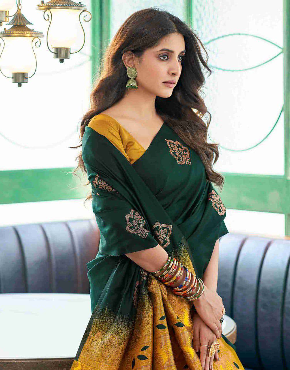Bottle Green Lichi Silk Saree With Gold Jacquard Border