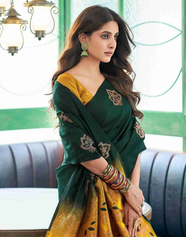 Bottle Green Lichi Silk Saree With Gold Jacquard Border