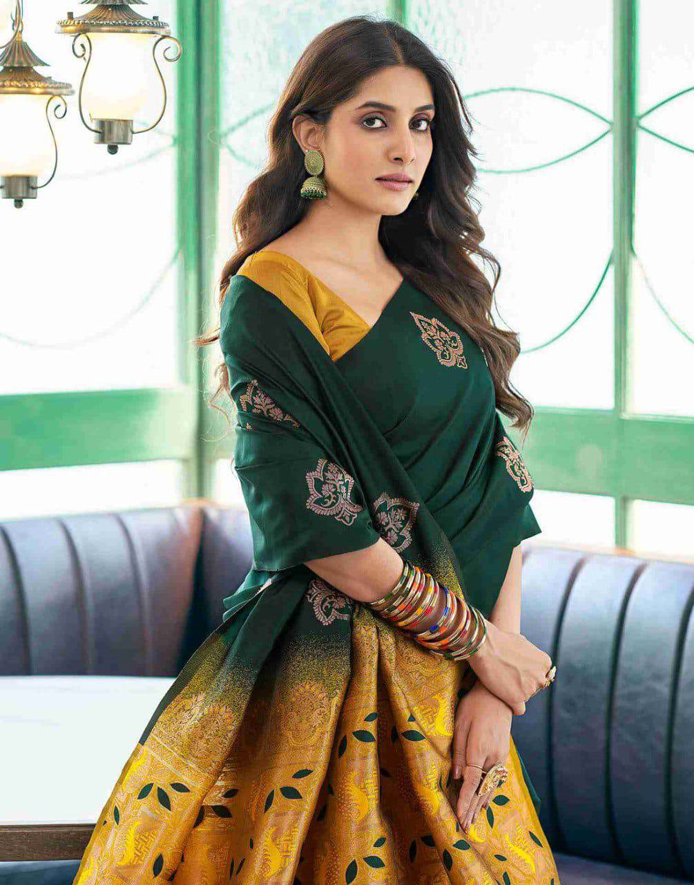 Bottle Green Lichi Silk Saree With Gold Jacquard Border