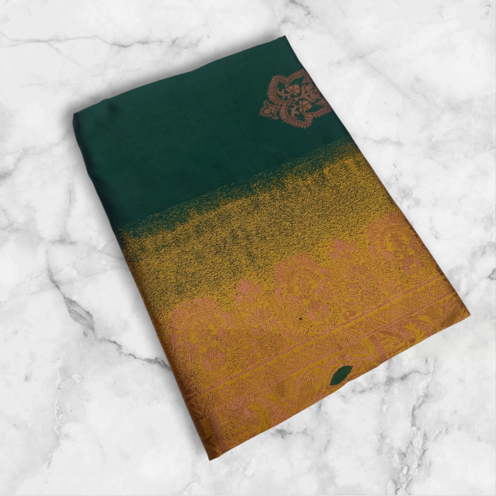 Bottle Green Lichi Silk Saree With Gold Jacquard Border