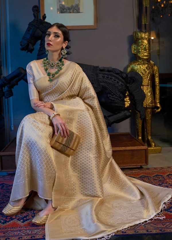 Cream Gold Lichi Silk Saree With Rich Jacquard Work