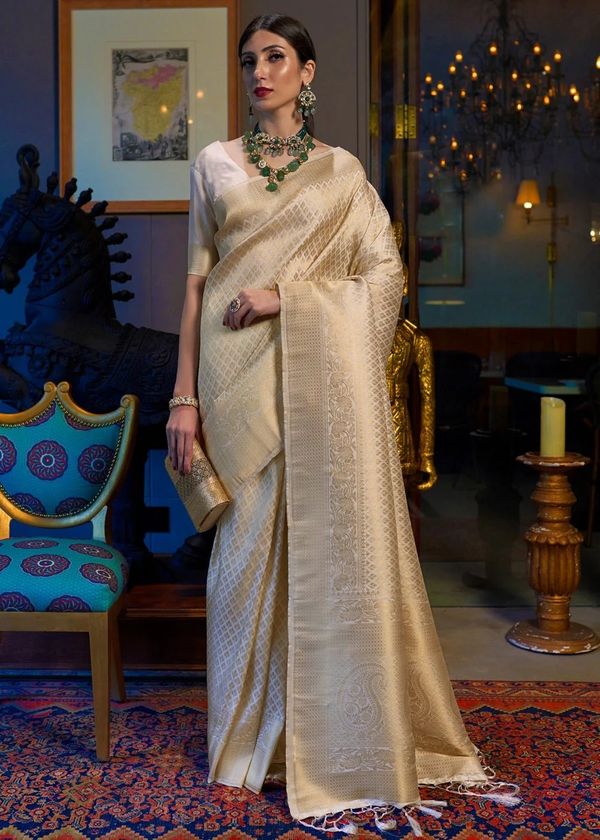 Cream Gold Lichi Silk Saree With Rich Jacquard Work