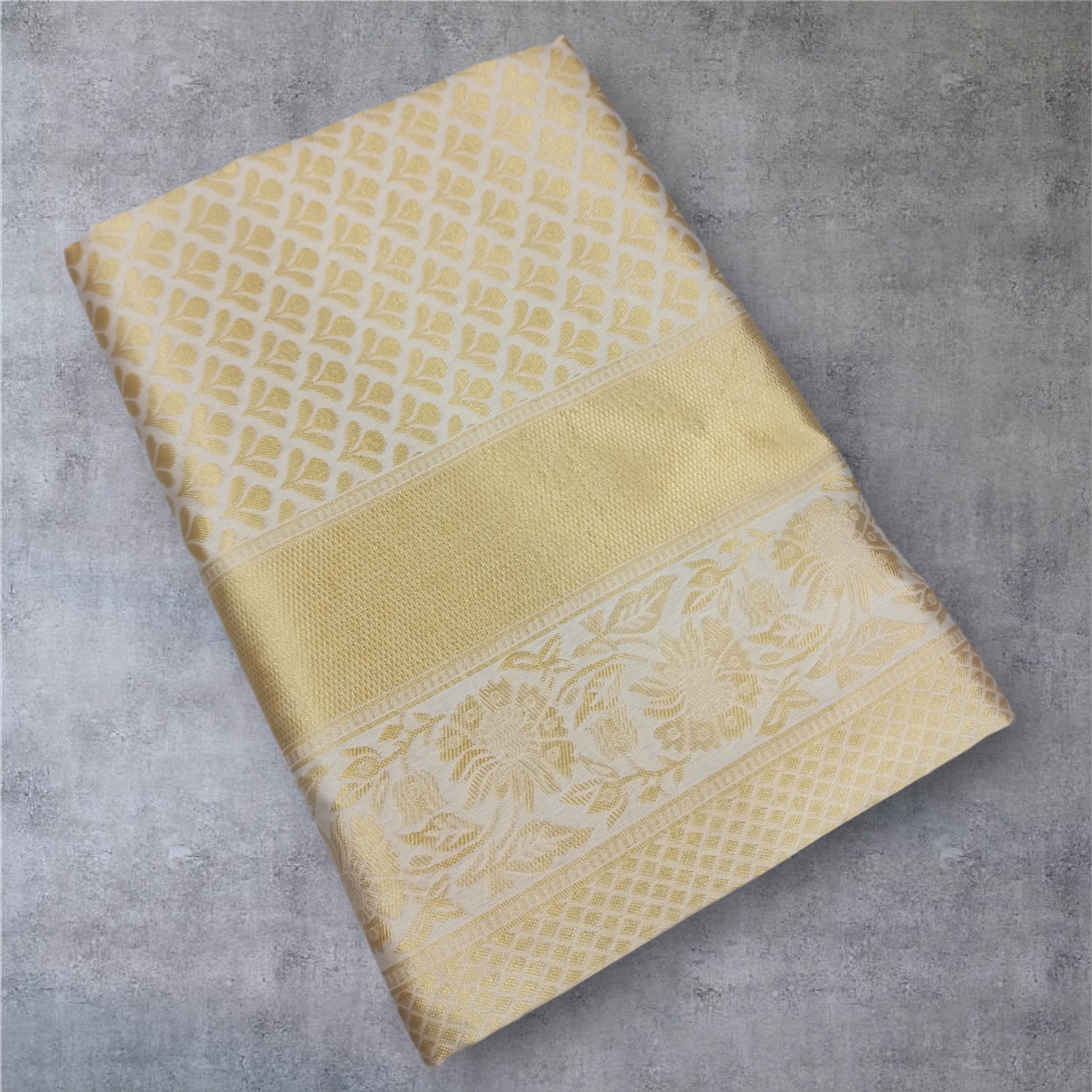 Cream Gold Lichi Silk Saree With Rich Jacquard Work