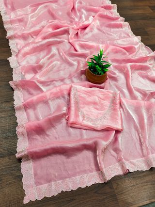 Elegant Baby Pink Silk Saree with Zarkan Diamond Border